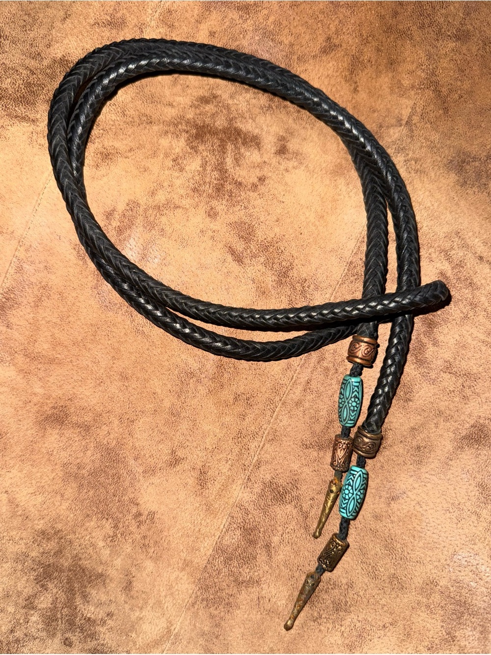 Vtg Art Native Black Braided Leather Bolo Tie  Barrel Beads Copper tips